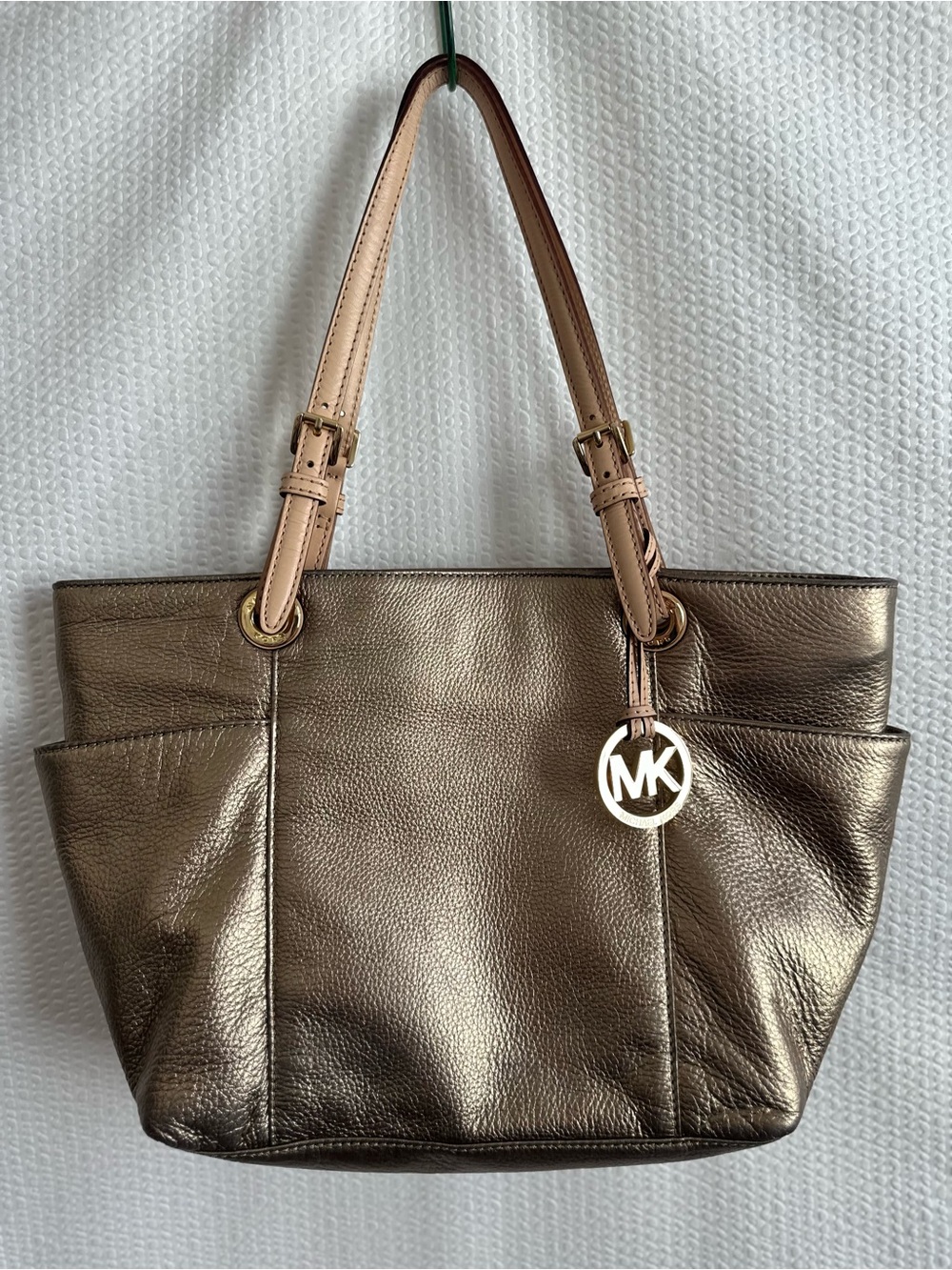 Michael Kors Metallic Bronze Pebbled Leather Tote Shoulder Bag Gold Hardware